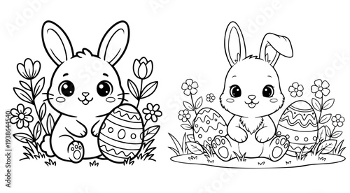 a4 colouring page bunny painting an easter egg. ready to print on standard A4 paper.