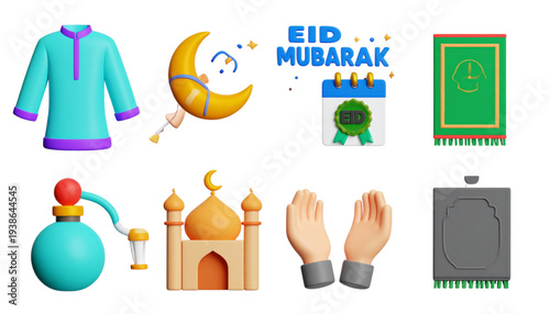 A colorful vector graphic illustration of Eid Mubarak icons on transparent background