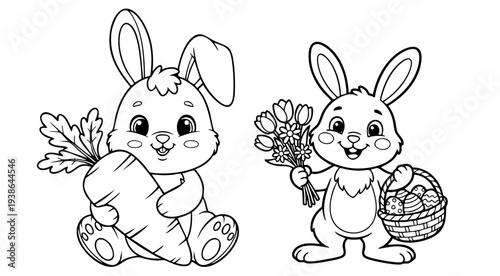 bunny painting easter egg and some flowers, coloring page ready to print on standard 8.5x11 inch paper. eps file.