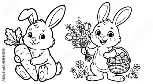 Black and white line art of a cute easter bunny holding a decorated egg and a paintbrush for kids coloring activity and holiday craft.