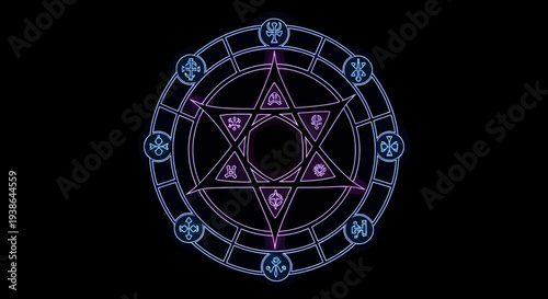 Mystical Magic Circle with Star, Glowing Symbols, Dark Background - Occult Symbol