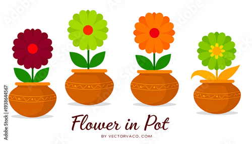A colorful vector illustration of four flower pots with vibrant flowers on a transparent background
