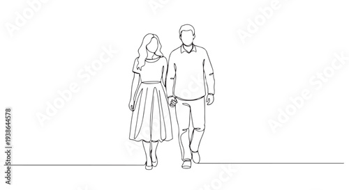 A loving couple walks hand-in-hand on a beautiful day, representing romance and togetherness in a simple line drawing