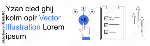 Talent management, recruitment, career growth, team organization, workflow optimization, performance tracking. Hand pointing at HR icon, checklist and upward arrows. Recruitment and career growth