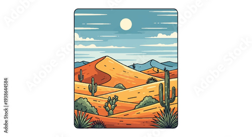 Desert landscape illustration with sand dunes cacti and bright sky