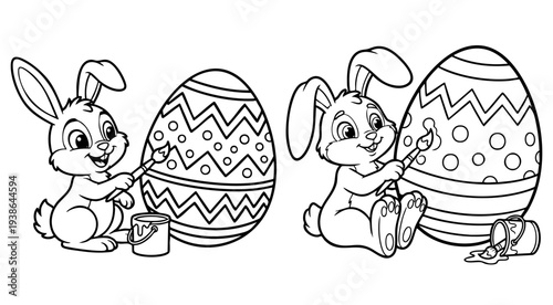 A coloring page of a rabbit painting an Easter egg.
