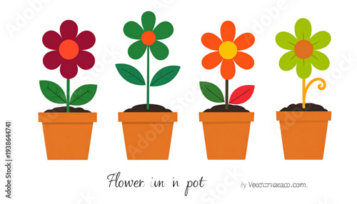 A colorful illustration of four flowers in pots on a transparent background