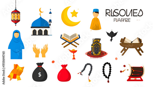 A colorful vector graphic illustration of various Islamic icons and symbols on transparent background