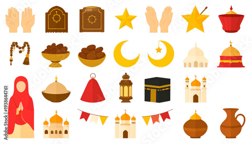 A colorful vector graphic illustration of various Islamic icons and symbols on transparent background