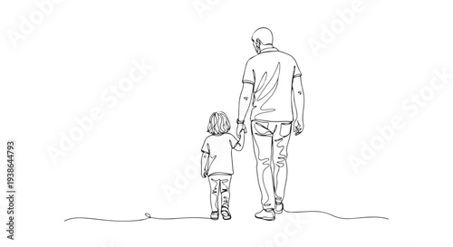 A father and child holding hands walking together in a simple line art illustration