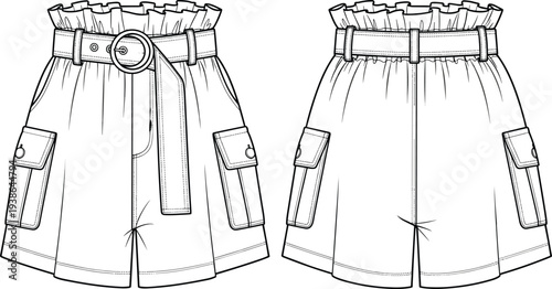 Technical Fashion Flat Sketch of Women High Waisted Paperbag Cargo Shorts with Belt, Utility Pockets, and Ruffle Waistband, Vector Illustration