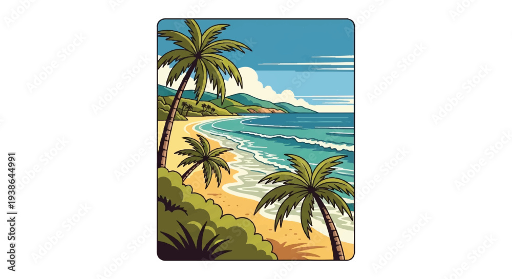Obraz premium Coastal scene palm trees beach sunlight ocean horizon vector illustration
