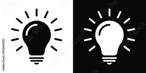 Outlined light bulb icon with shining rays. Represents creativity, inspiration, and bright ideas. Linear style graphic in black and white for business and educational concepts.