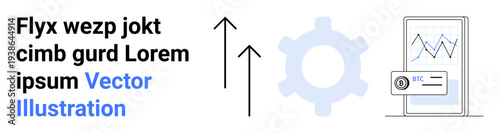 Financial technology, data analytics, cryptocurrency, business growth, mobile banking, investment tools. Arrows, gear and smartphone with financial charts. Data analytics and financial technology
