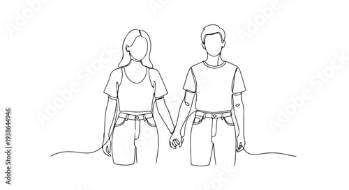 Minimalist continuous line art illustration showing a loving couple holding hands, symbolizing deep connection, unity, and partnership