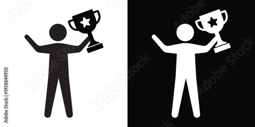 Successful person figure silhouette holding a trophy with a star. Concept of winning, achievement, and sports victory. Flat vector icon for motivation and leadership themes.