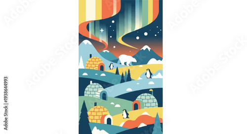 Arctic landscape illustration polar bear igloos northern lights