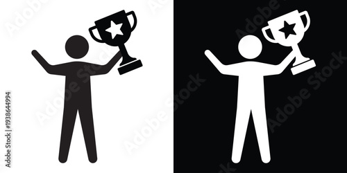Successful person figure silhouette holding a trophy with a star. Concept of winning, achievement, and sports victory. Flat vector icon for motivation and leadership themes.