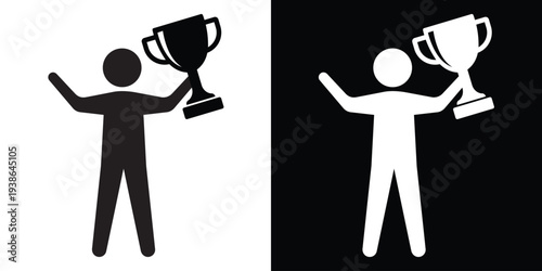 Successful person figure silhouette holding a trophy with a star. Concept of winning, achievement, and sports victory. Flat vector icon for motivation and leadership themes.