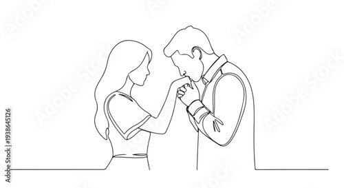 Elegant continuous line drawing capturing a romantic gesture as a man gently kisses a woman's hand, symbolizing love and affection