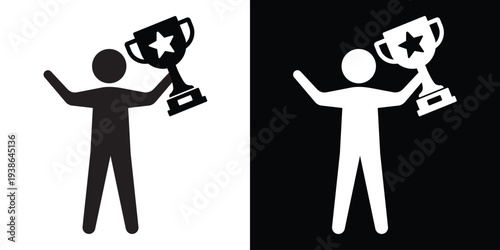 Successful person figure silhouette holding a trophy with a star. Concept of winning, achievement, and sports victory. Flat vector icon for motivation and leadership themes.