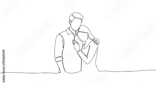 One line drawing of a comforting embrace, expressing emotional support and care between two people