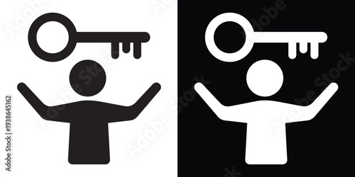 Concept icon of a person with hands raised toward a large key. Represents unlocking potential, key to success, or solving a major problem. Minimalist black and white vector.
