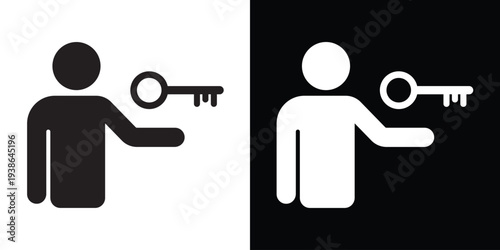 Concept icon of a person with hands raised toward a large key. Represents unlocking potential, key to success, or solving a major problem. Minimalist black and white vector.