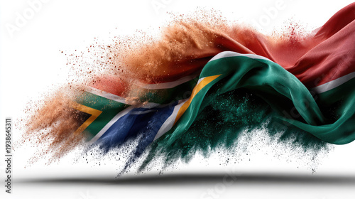 South African flag fabric flowing with vibrant colors, representing national pride, freedom, independence, unity, and a future of hope for the nation