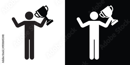 Successful person figure silhouette holding a trophy with a star. Concept of winning, achievement, and sports victory. Flat vector icon for motivation and leadership themes.