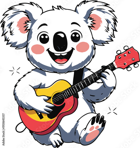  Koala musician playing guitar happily, cartoon vector mascot, bold thick black outline, minimal line sticker, white background 1
