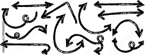 A complex arrangement of arrows in a calligraphic style forming abstract shapes and patterns on a plain white background with black lines