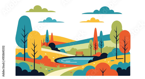 Colorful illustration of a park landscape with trees and a pond