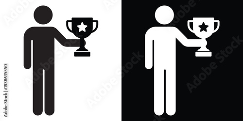 Successful person figure silhouette holding a trophy with a star. Concept of winning, achievement, and sports victory. Flat vector icon for motivation and leadership themes.