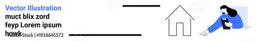 Housing, communication, remote work, conceptual interactions, home design, technology. A person gestures towards a house outline, holding a tablet. Housing and communication concept