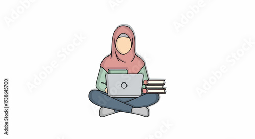 Muslim student in hijab studying or working remotely with laptop and books, sitting cross-legged. Flat vector illustration for online education.