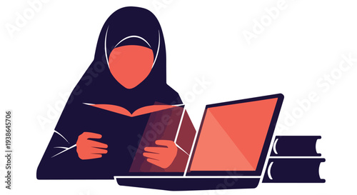 Muslim woman in hijab studying with a book and laptop, representing online education, remote learning, and modern knowledge acquisition in a digital era.