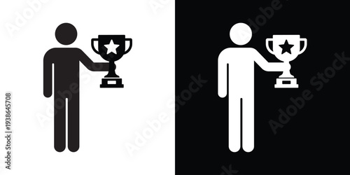 Successful person figure silhouette holding a trophy with a star. Concept of winning, achievement, and sports victory. Flat vector icon for motivation and leadership themes.