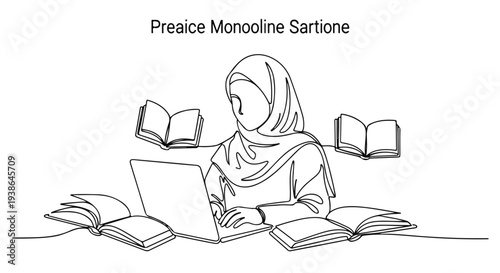 Continuous line art of a Muslim woman wearing a hijab, working on a laptop surrounded by flying books, representing education and knowledge.