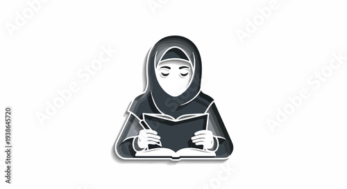 Stylized illustration of a Muslim woman in a hijab diligently writing in a book, symbolizing education, knowledge, and female empowerment in a modern, elegant vector design.