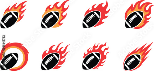 Rugby balls on fire flames sports icons