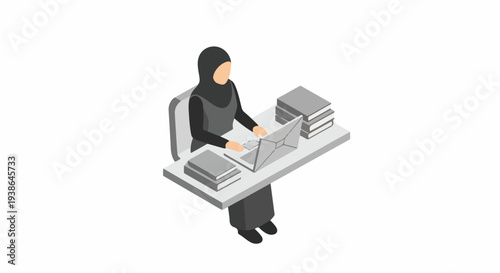 Isometric illustration of a Muslim woman in a hijab working diligently at her desk with a laptop and books, representing productivity and education.