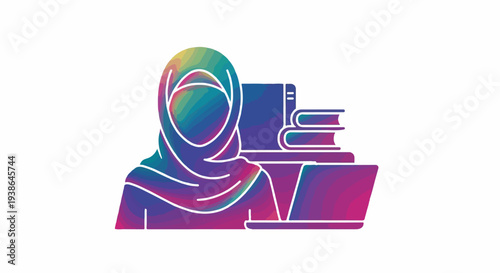 Vibrant gradient icon of a Muslim woman in hijab engaged in online learning and digital education with a laptop and books, symbolizing modern knowledge and diversity.
