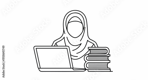 Black and white line art of a Muslim woman wearing a hijab, focused on her laptop with books nearby, representing online learning, remote work, and education.