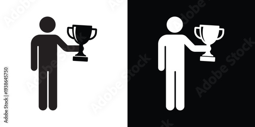 Successful person figure silhouette holding a trophy with a star. Concept of winning, achievement, and sports victory. Flat vector icon for motivation and leadership themes.