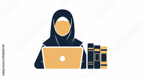 Icon of a Muslim woman wearing a hijab, engaged in online learning or remote work with a laptop and books, representing education and technology.