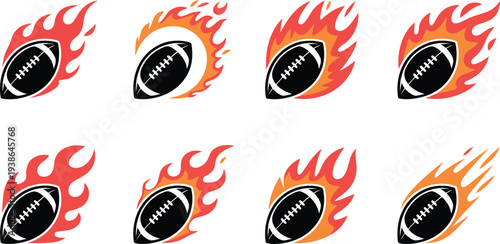 American football icons with flames on white background