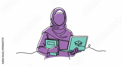 Continuous line drawing of a Muslim woman in hijab studying with a laptop and book, symbolizing online education and modern learning.