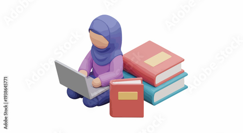 3D illustration of a Muslim woman in a hijab studying online with a laptop and books, symbolizing remote education, digital learning, and knowledge.
