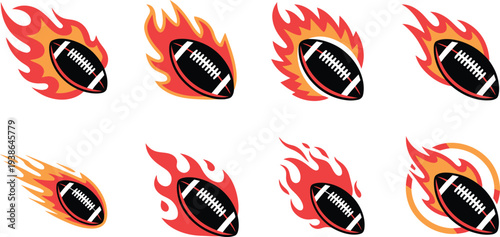 American football with blazing flames on white background